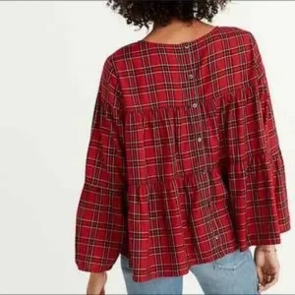 Madewell Tartan Plaid Tiered Blouse Medium Button Back Detail H3271 - Picture 1 of 8